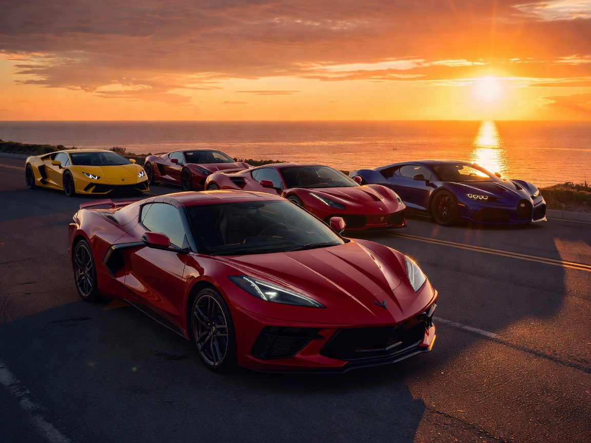 Chevrolet Corvette and exotic lineup at sunset