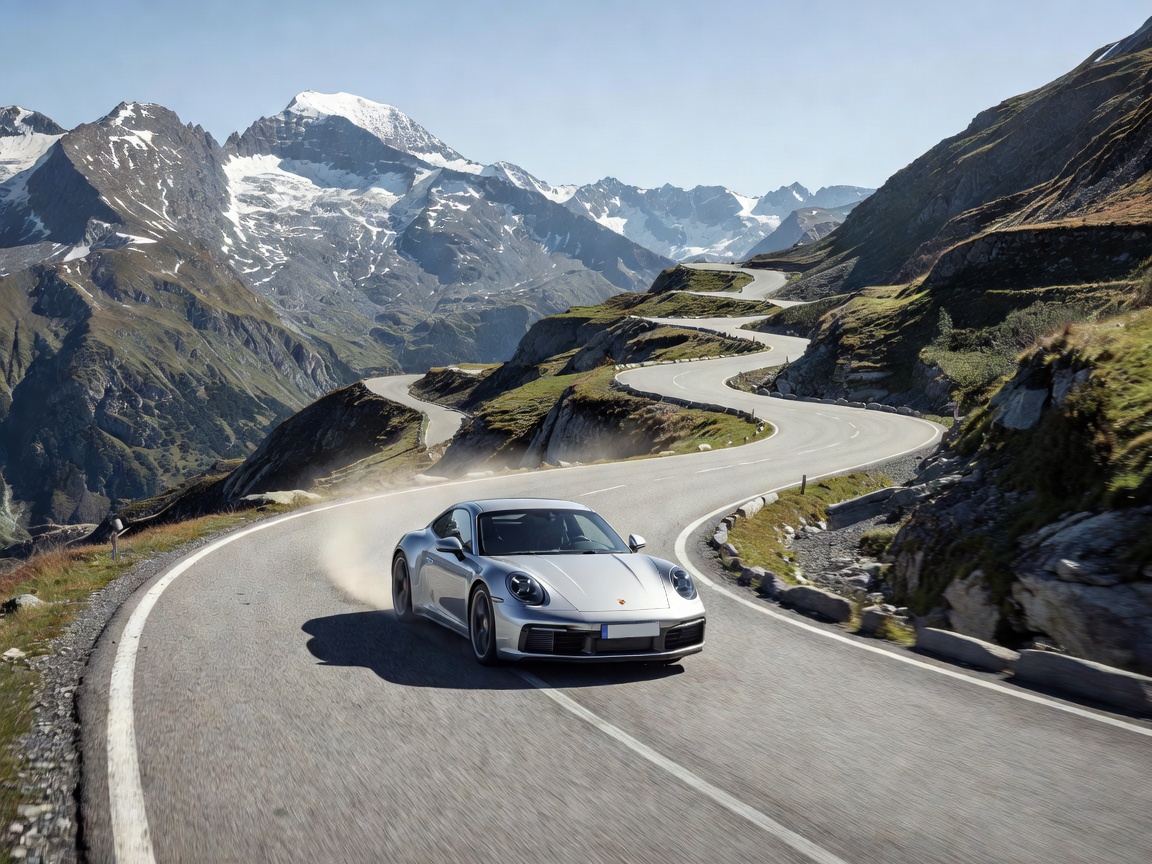 Porsche speeding across alpine mountain pass