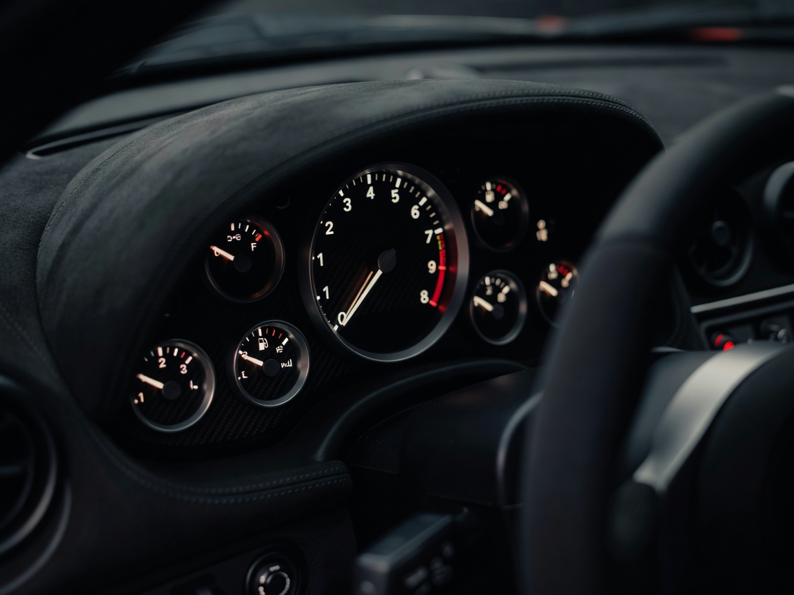 Supercar dashboard gauges close up